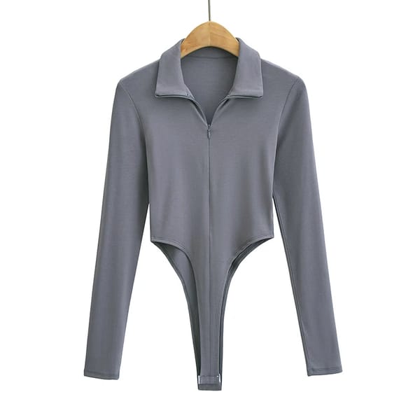 Zip-Up Long Sleeve Bodysuit with Bodycon Fit and Solid Color