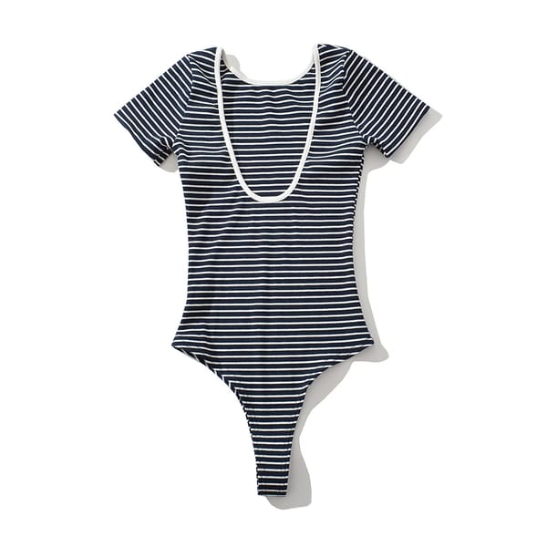 Striped Knit Bodysuit with Short Sleeves and Bodycon Fit