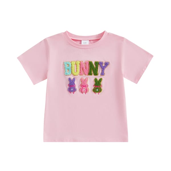 Kids Girls Easter Tee with Rabbit Embroidery and Letter Design