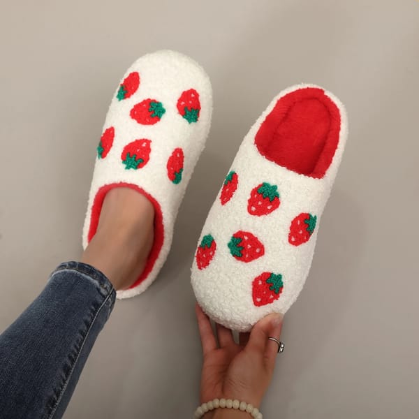 White Strawberry Embroidered Furry Indoor Winter Slippers