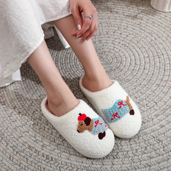 Dachshund Embroidered Furry Indoor Slippers with Thick Soft Soles