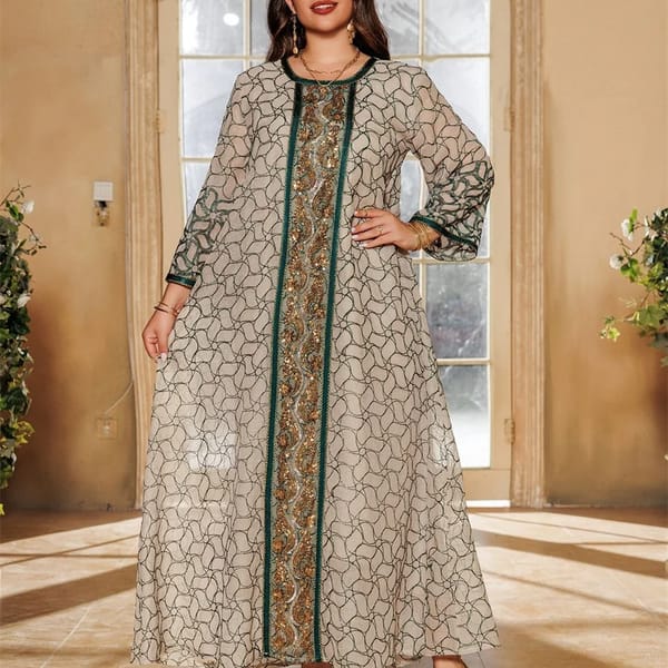 Elegant Mesh Embroidered Maxi Jalabiya with Sequin Patchwork