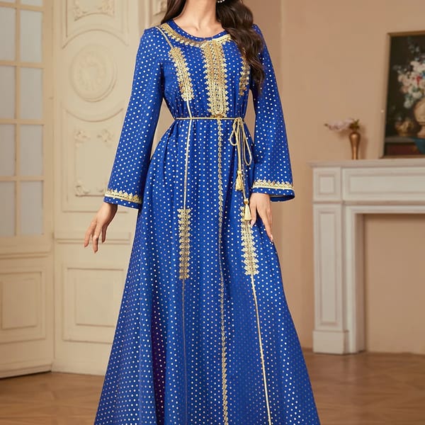 Polka Dot Embroidered Jalabiya with Belt and Long Sleeves