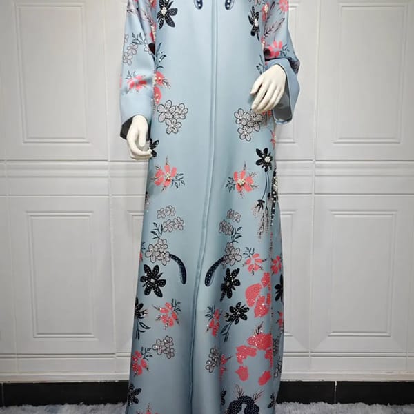 Elegant Burnt Flower Embellished Long Jalabiya with O-Neck Design