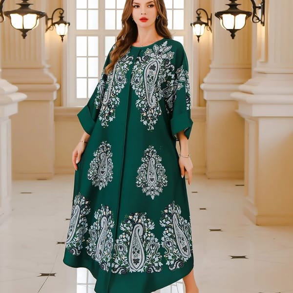 Floral Print Beaded Jalabiya with Folded Long Sleeves