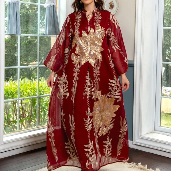 Elegant Sequin Embroidered Abaya Kaftan with Floral Design