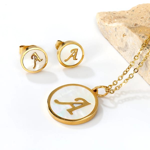 Alphabet Letter Pendant Necklace and Earrings Jewelry Set