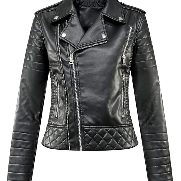 Women’s Short Moto Faux Leather Jacket with Quilted Zipper Details