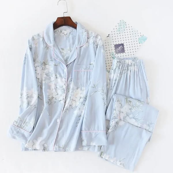 Floral Viscose Silk Lounge Set with Long Sleeves for Women