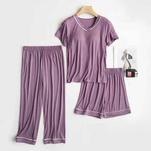 Modal Three-Piece Summer Loungewear Set with Built-In Bra