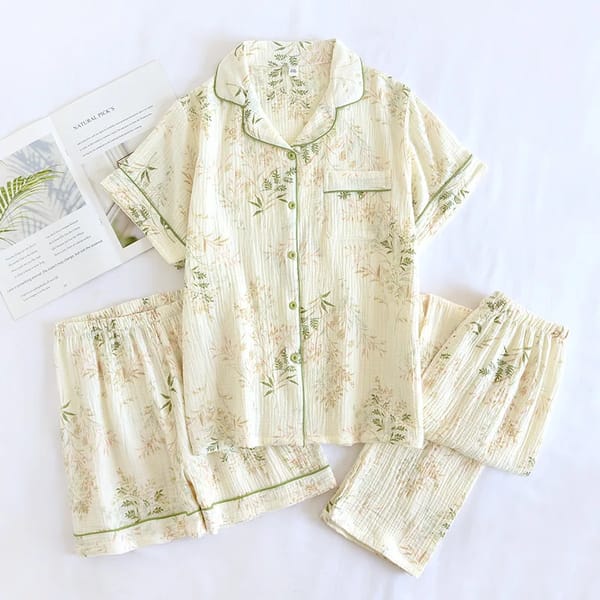 Breathable Cotton Three-Piece Home Set with Floral Design