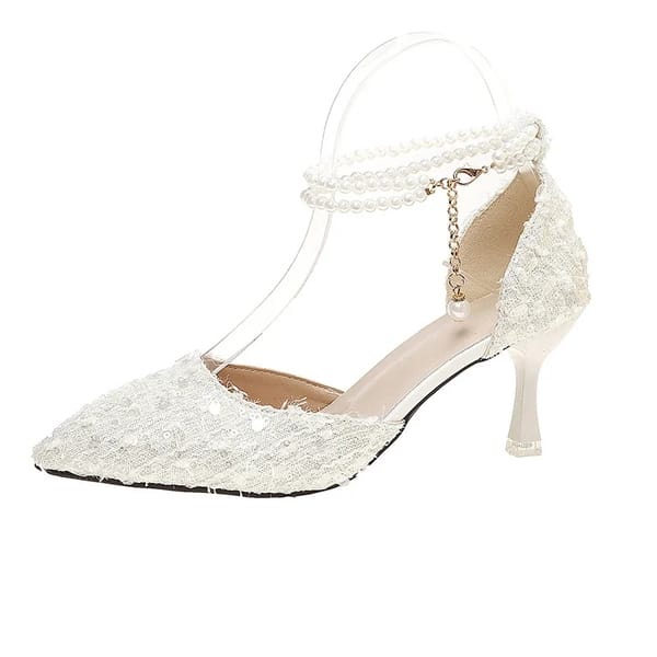 Elegant Women’s White Glitter Pearl Ankle Strap Pumps