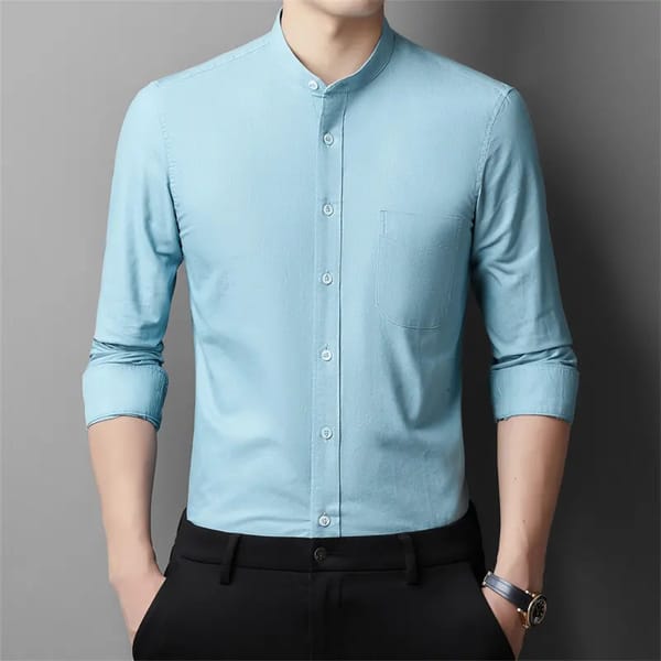 Men’s Long-Sleeve Stand Collar Cotton Shirt for Daily Wear