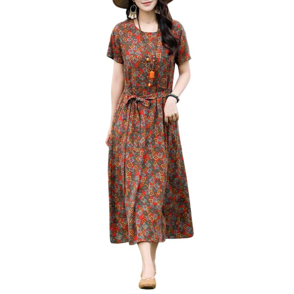 Vintage Bohemian Floral Print Maxi Dress with Waist Sash