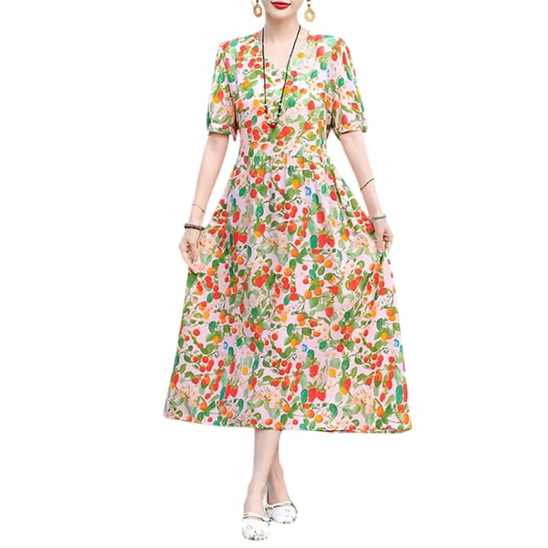 Vintage Summer Print Dress with O-Neck and Waist Sash