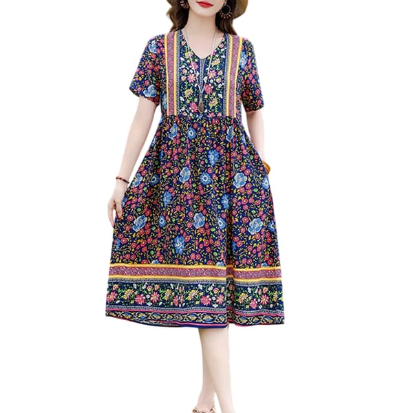 Vintage Floral Print Summer Dress with O-Neck and Short Sleeves