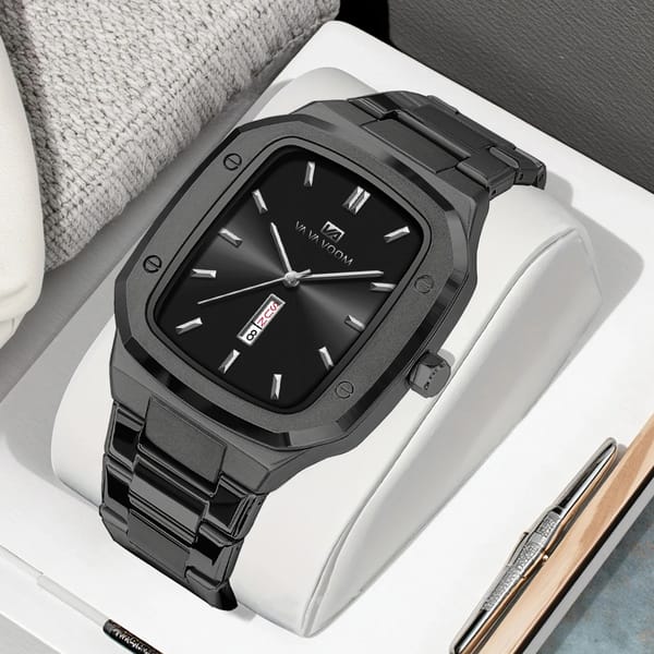 Modern Square Quartz Watch with Calendar and Steel Strap