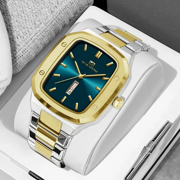 Modern Square Quartz Watch with Calendar and Steel Strap