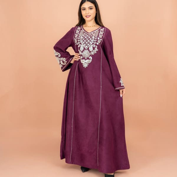 Wide Sleeve Shimmer Fabric Silver Embroidery Jalabiya