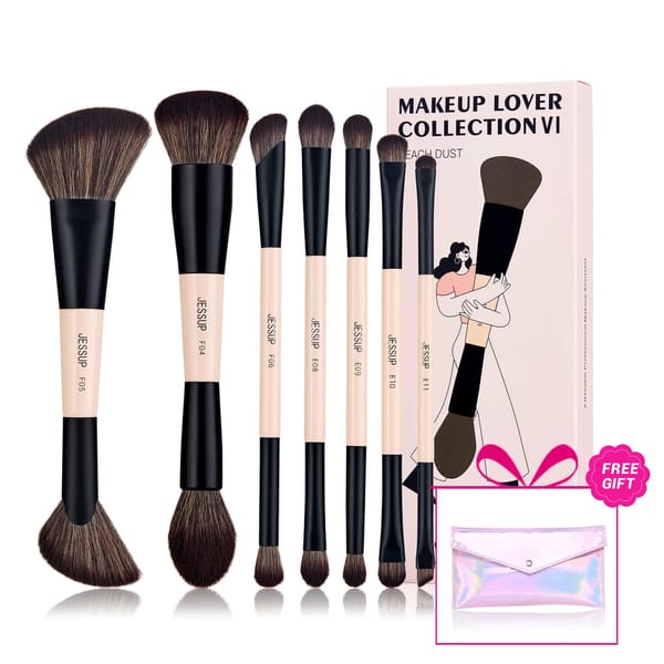 Jessup 14-in-7 Double-Ended Makeup Brush Set Peach Dust Vegan