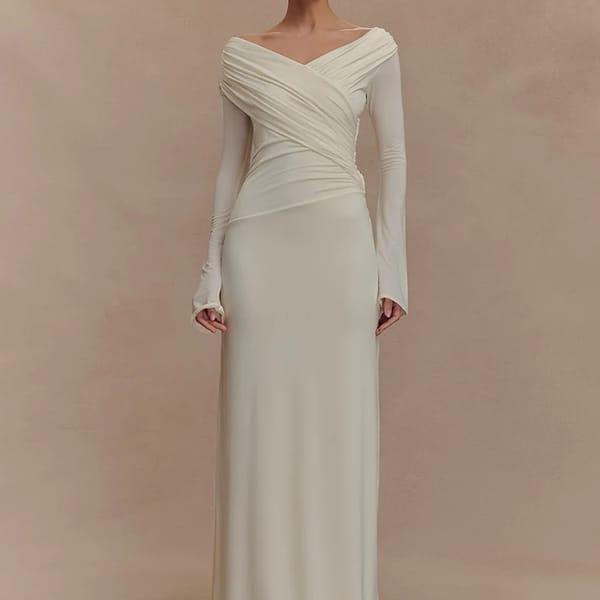 Elegant V-Neck Long Sleeve Ruched Floor-Length Bodycon Dress