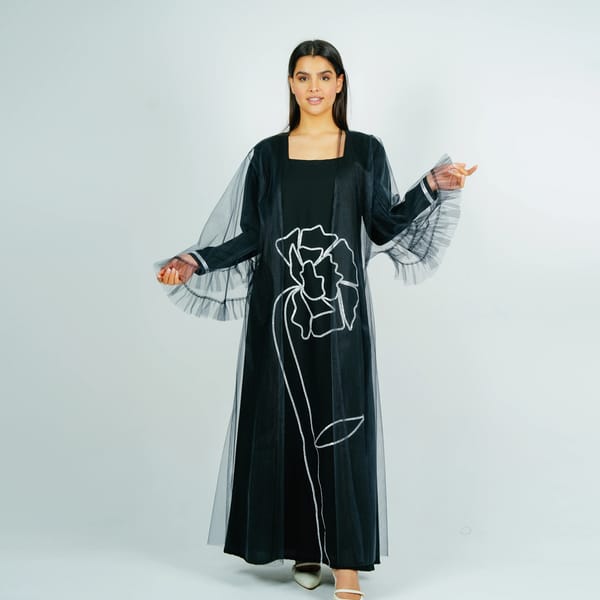 Jalabia With Silver Talli Embroidery & Sheer Tulle Jacket Delicate Ruffle Sleeves