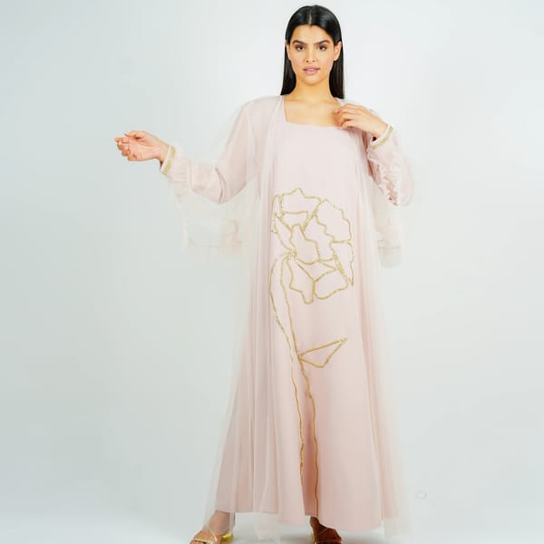 Jalabia With Golden Talli Embroidery & Sheer Tulle Jacket Delicate Ruffle Sleeves