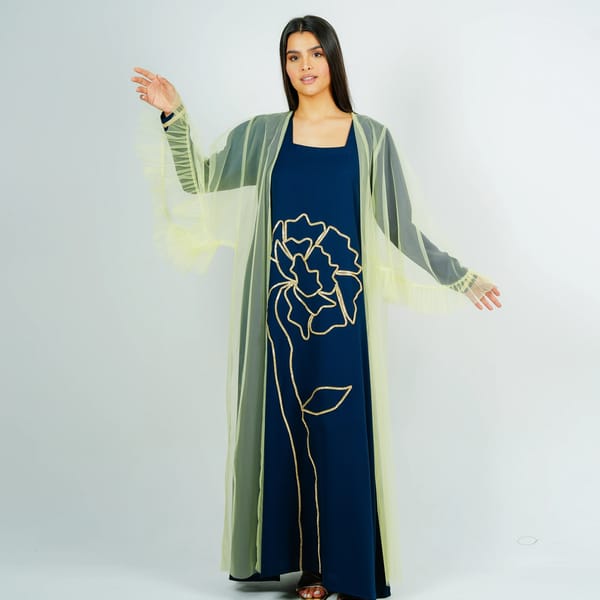 Navy-Yellow Jalabiya With A Luxurious Sheer Tulle Jacket And Delicate Ruffled Sleeves