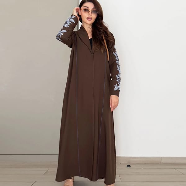 Brown Embellished Abaya With Blue Embroidery Design