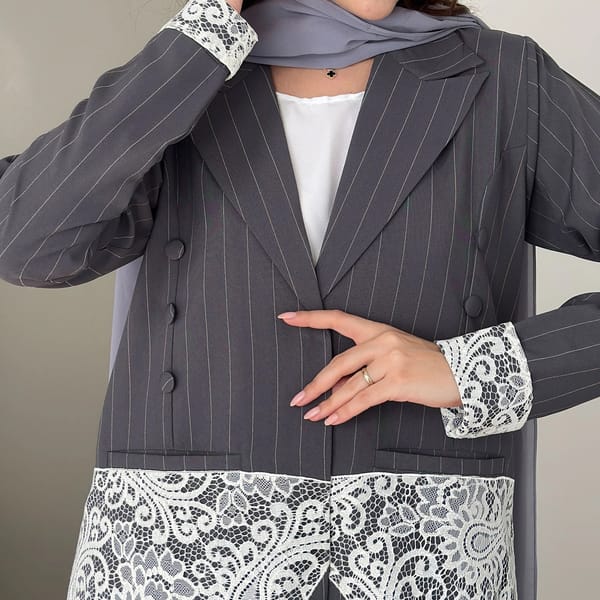 Stylish Embellished Blazer With Dantel Design With Pocket And Button Style - Grey