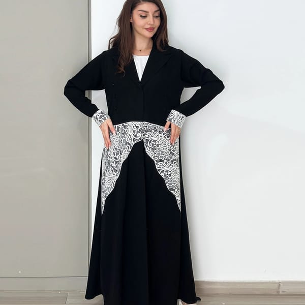 Stylish Embellished Blazer With Dantel Design With Pocket And Button Style - Black