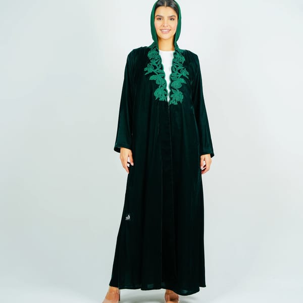 Luxurious Velvet Green Abaya With Flowing Embroidery On The Neckline