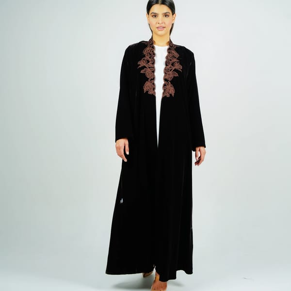 Luxurious Velvet Brown Abaya With Embroidery On The Neckline
