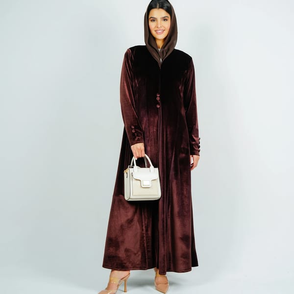 Button Velvet Abaya Style With Cut Design - Brown