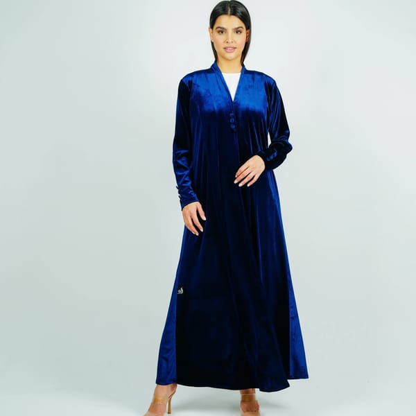 Button Velvet Abaya Style With Cut Design - Blue