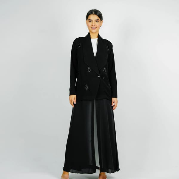 Stylish Elegant Blazer Abaya,With Mix Fabric Design And Embroidery Style