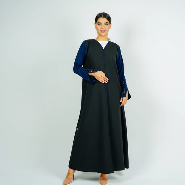Stylish Black Abaya With Navy Sleeves Button Style + Matching Shella