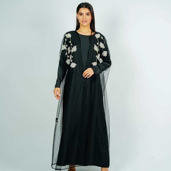 Luxurious Tulip-Embroidered Tulle Abaya with Matching Inner Dress
