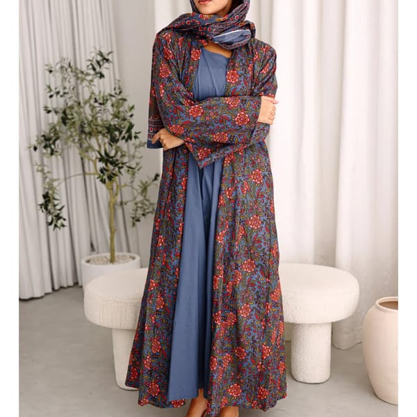 Beautiful Orange Flowers Prints Abaya Blue ABY1217