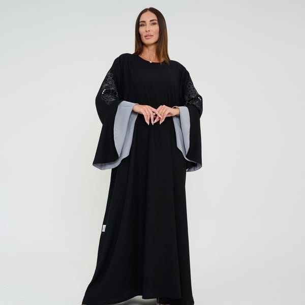 Black Abaya With French Cut Flowing Grey Sleeves With Embroidery