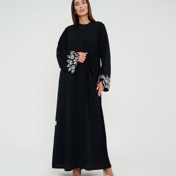 Black Open Abaya With Embroidery Design On Sleeves