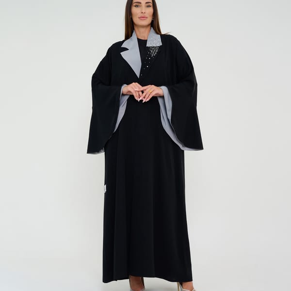 Abaya With Grey Neck Design+Hand Embroidery and Flowing Sleeves Double Color