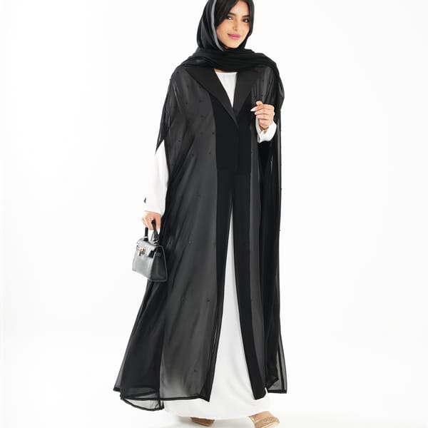 Elegant Chiffon Black Abaya With Embroidered Jacket Collar Design