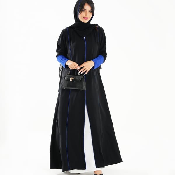 Open Abaya With Blue Piping Long Sleeves