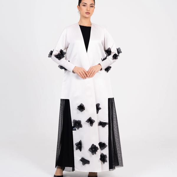 Off White Abaya With Black Flowers Embroidery Design