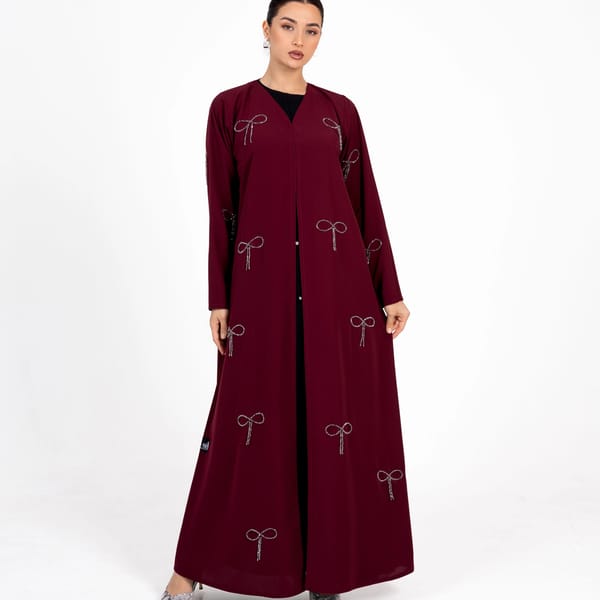 Abaya With Fionka Embroidery With Wide Sleeves - Burgundy