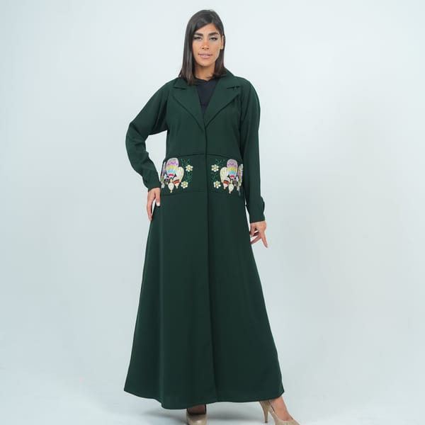Elegant Blazer Style Abaya With Fantasy Embroidery Design - Green