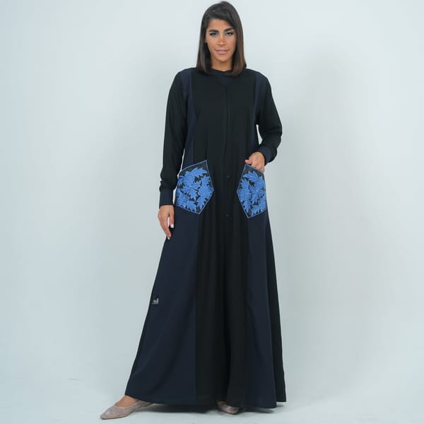 Embellishment Abaya With Embroidery Flowers Pocket - Blue