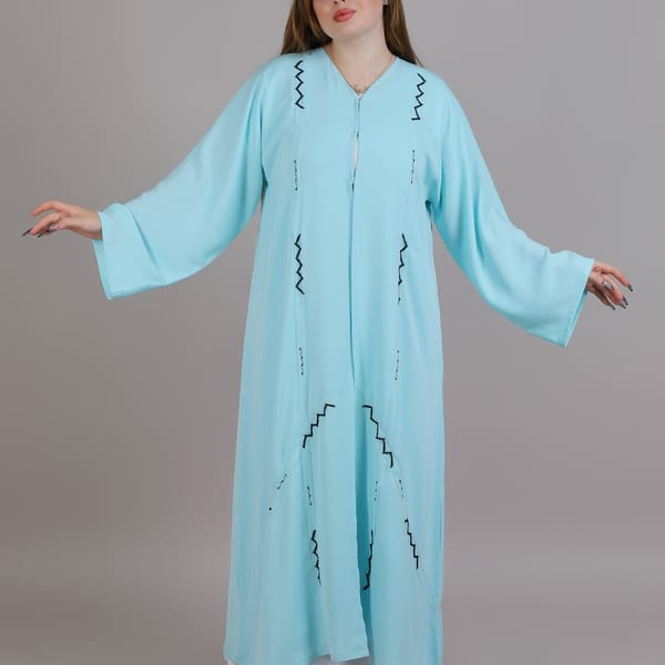 Turquoise V-Neck Open Abaya With Black Embroidery