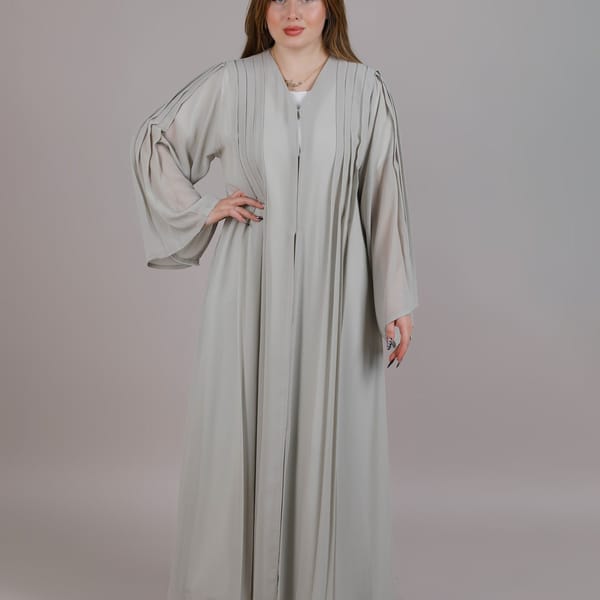 Grey Pleated Open Abaya